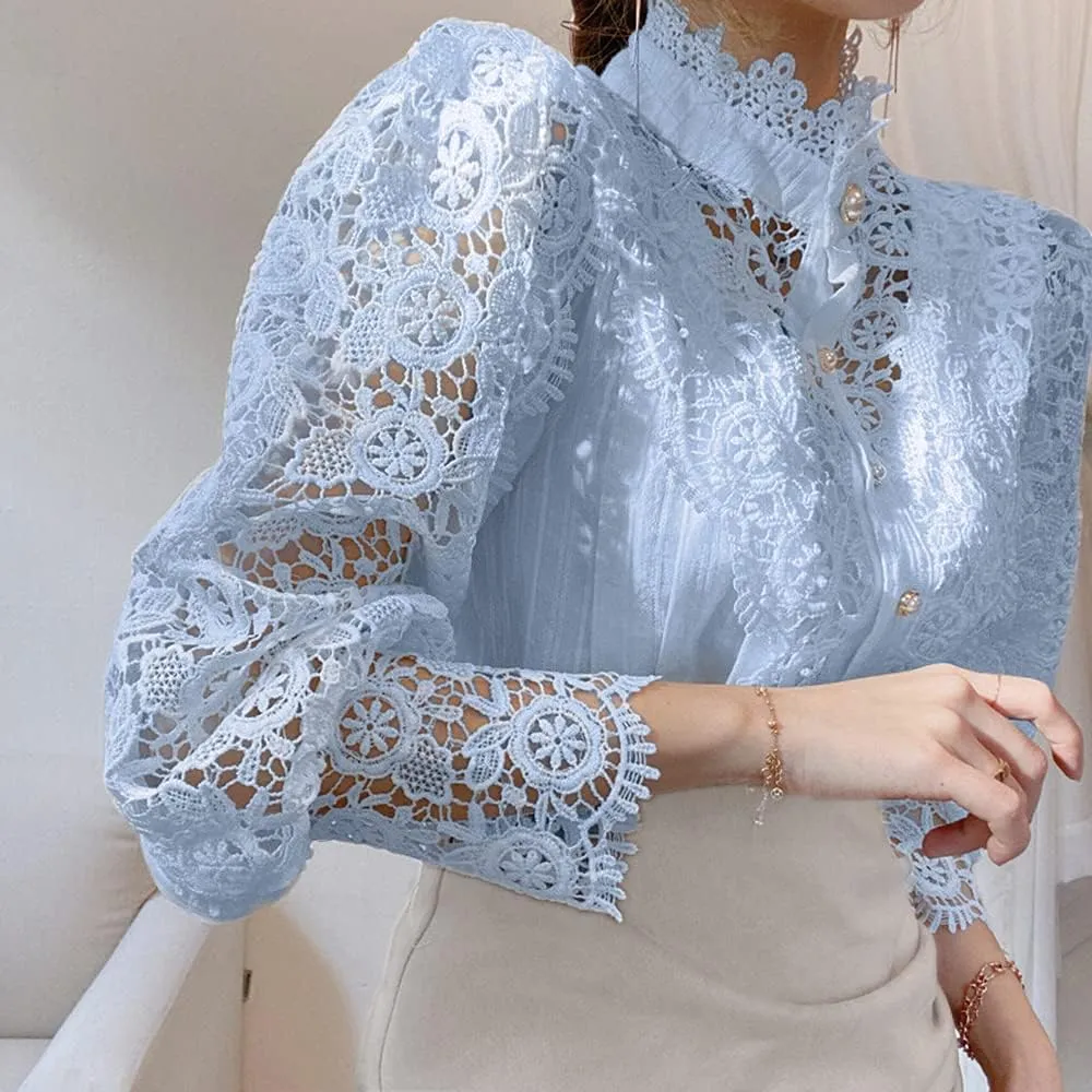 Womens Elegant Lace Trim Shirts Casual Victorian Blouse Long Sleeve Button Down Tops