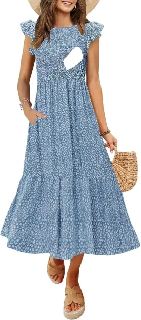 Women's Nursing Dress Flutter Short Sleeve Crew Neck Smocked Elastic Waist Tiered Midi with Pockets