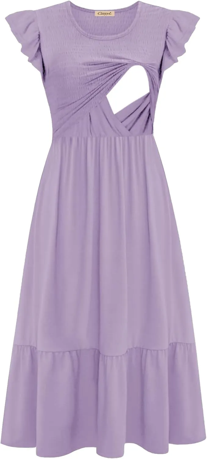 Women's Nursing Dress Flutter Short Sleeve Crew Neck Smocked Elastic Waist Tiered Midi with Pockets