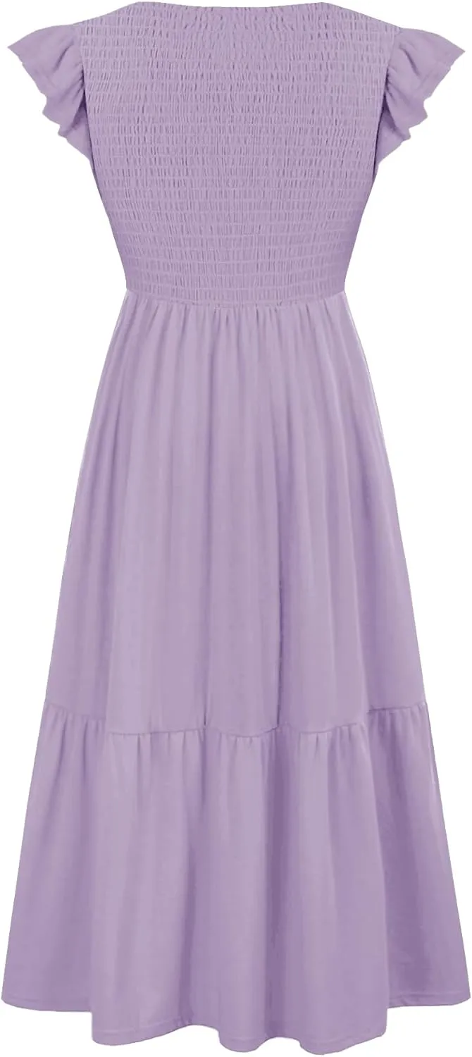 Women's Nursing Dress Flutter Short Sleeve Crew Neck Smocked Elastic Waist Tiered Midi with Pockets
