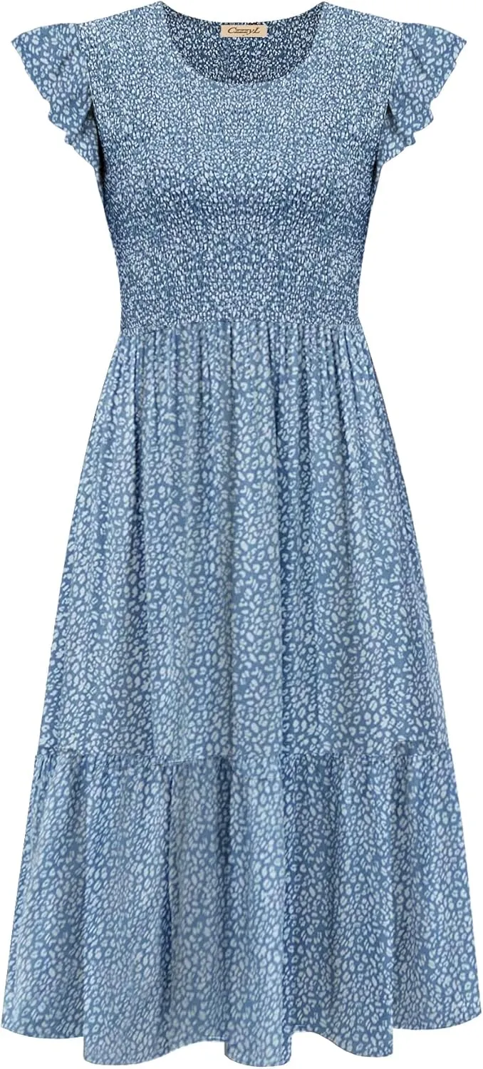 Women's Nursing Dress Flutter Short Sleeve Crew Neck Smocked Elastic Waist Tiered Midi with Pockets