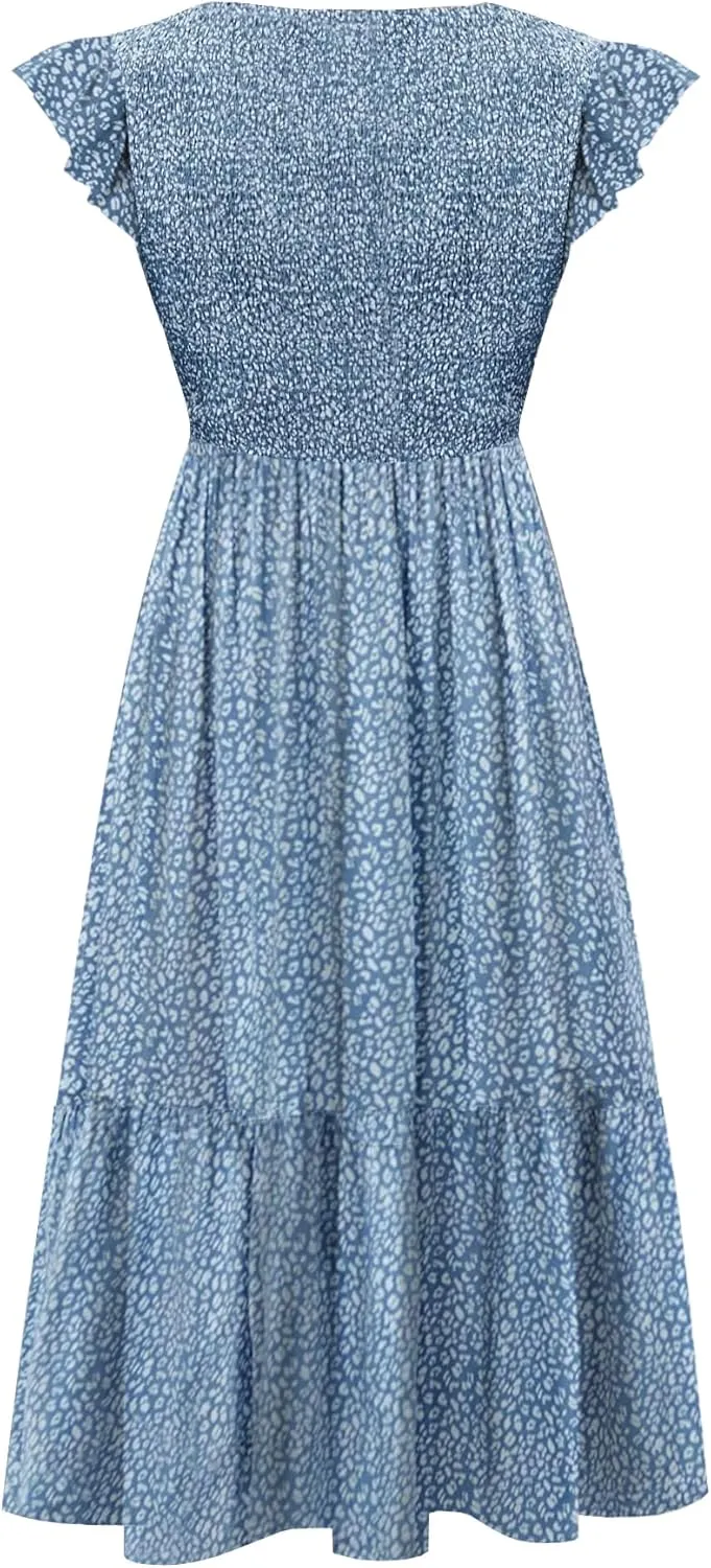 Women's Nursing Dress Flutter Short Sleeve Crew Neck Smocked Elastic Waist Tiered Midi with Pockets
