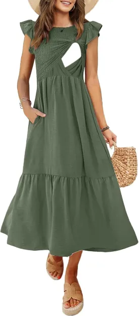 Women's Nursing Dress Flutter Short Sleeve Crew Neck Smocked Elastic Waist Tiered Midi with Pockets