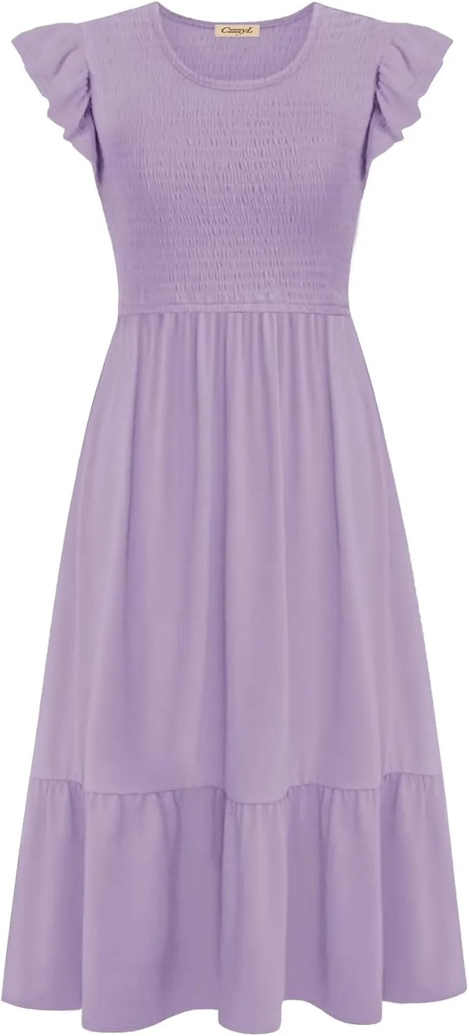 Women's Nursing Dress Flutter Short Sleeve Crew Neck Smocked Elastic Waist Tiered Midi with Pockets