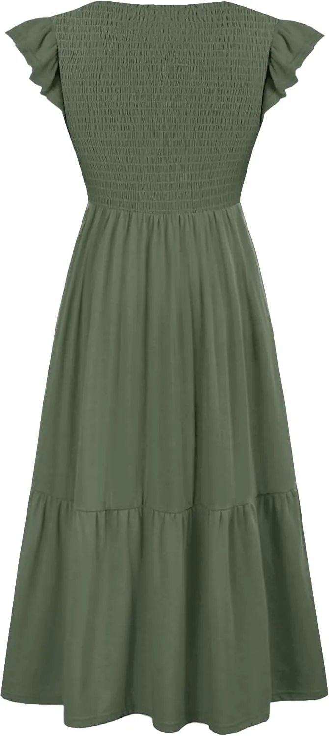 Women's Nursing Dress Flutter Short Sleeve Crew Neck Smocked Elastic Waist Tiered Midi with Pockets