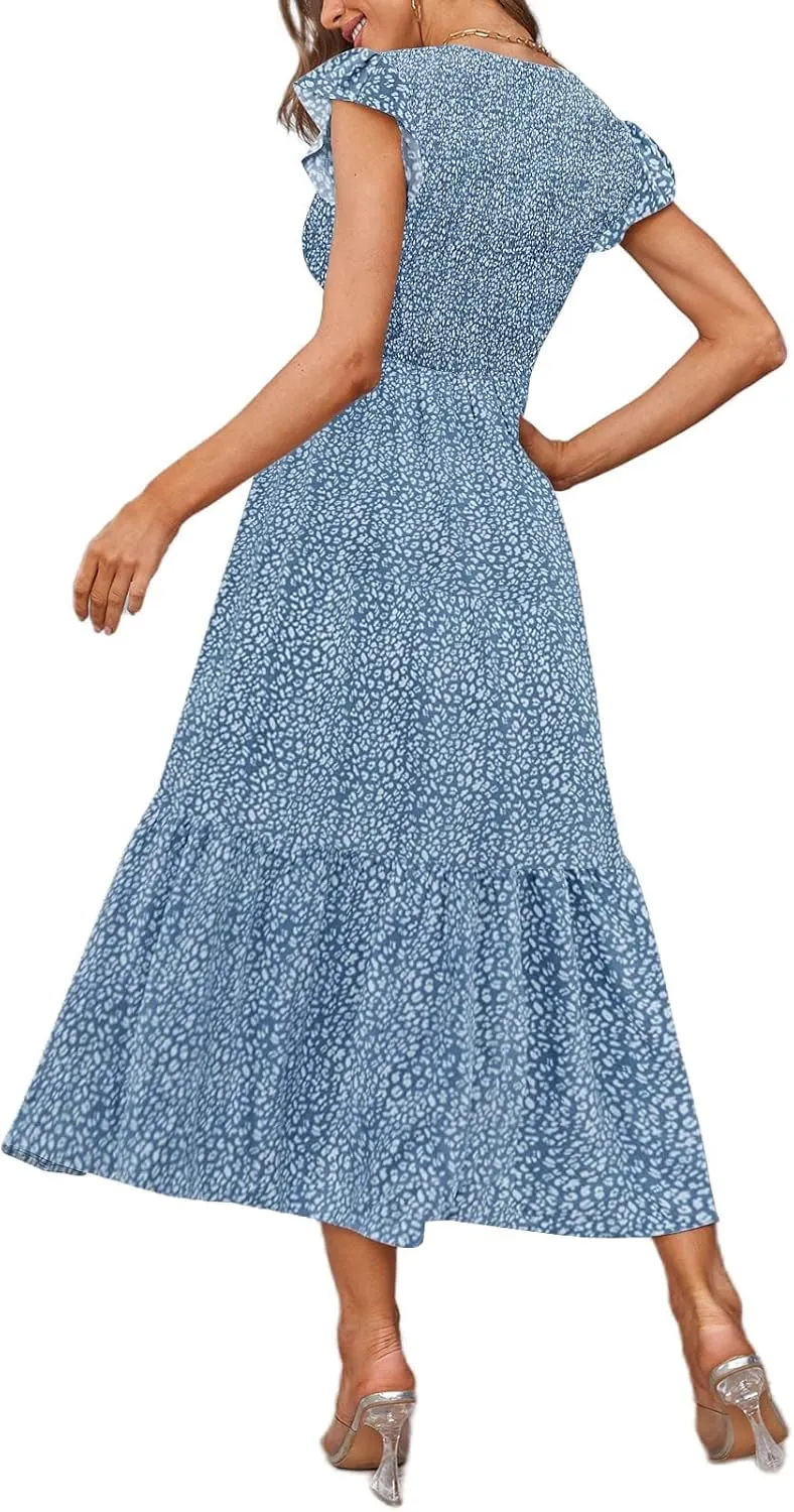 Women's Nursing Dress Flutter Short Sleeve Crew Neck Smocked Elastic Waist Tiered Midi with Pockets
