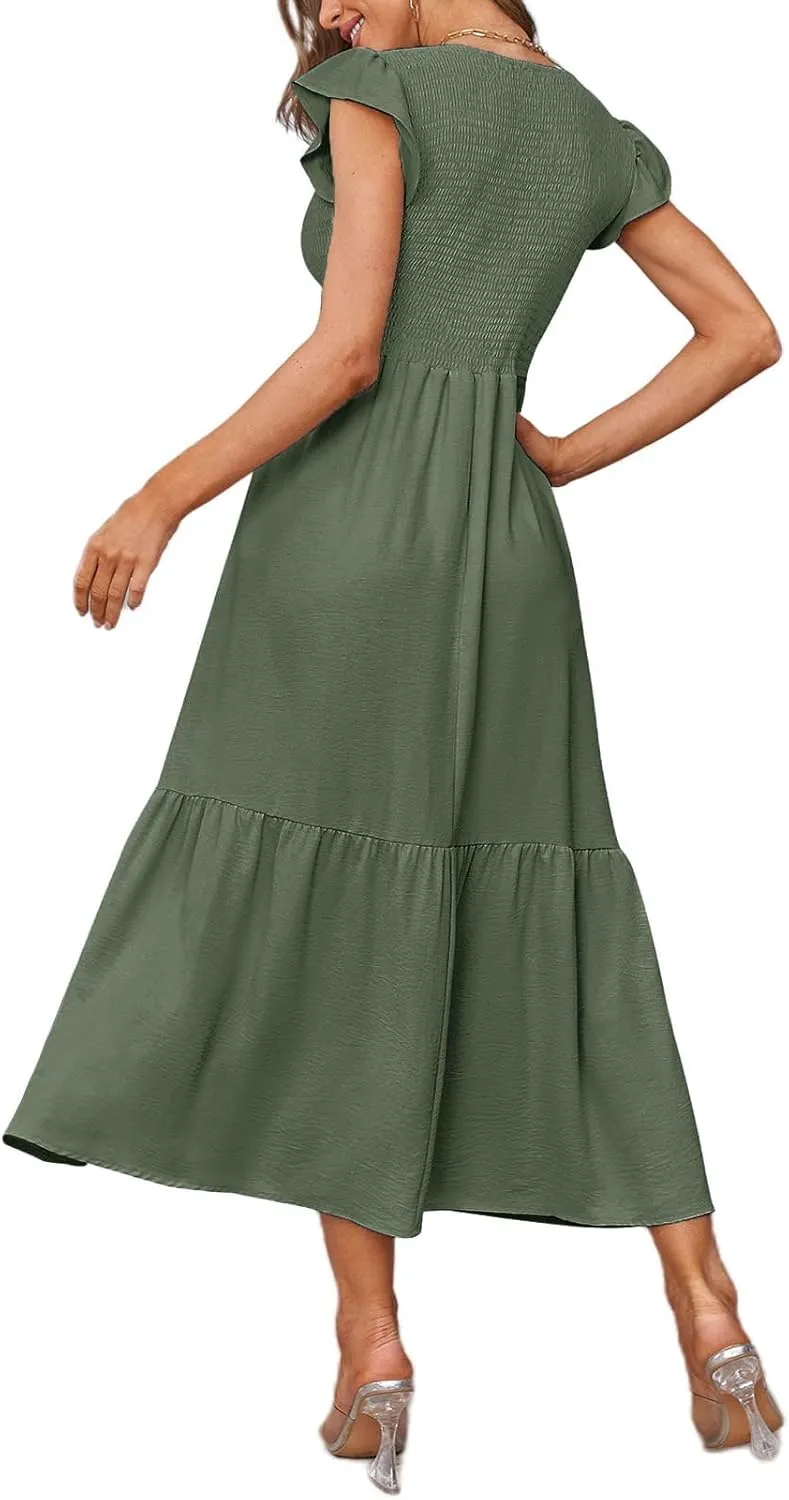 Women's Nursing Dress Flutter Short Sleeve Crew Neck Smocked Elastic Waist Tiered Midi with Pockets