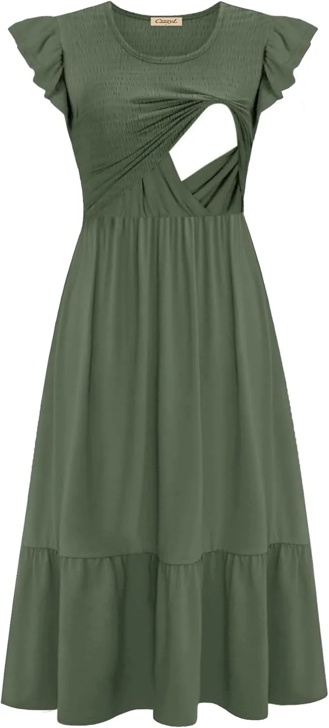 Women's Nursing Dress Flutter Short Sleeve Crew Neck Smocked Elastic Waist Tiered Midi with Pockets