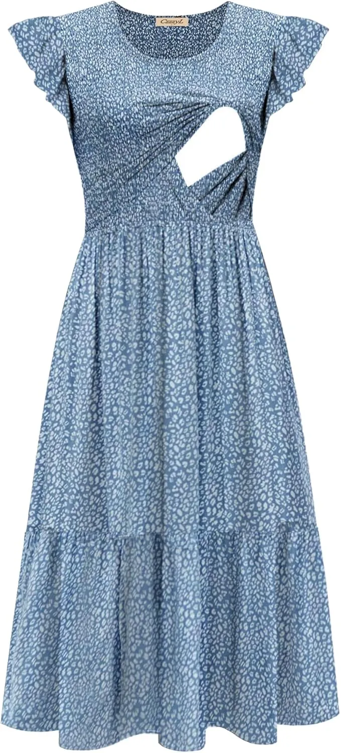 Women's Nursing Dress Flutter Short Sleeve Crew Neck Smocked Elastic Waist Tiered Midi with Pockets
