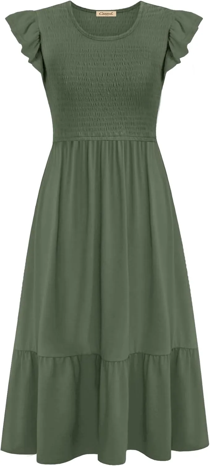 Women's Nursing Dress Flutter Short Sleeve Crew Neck Smocked Elastic Waist Tiered Midi with Pockets